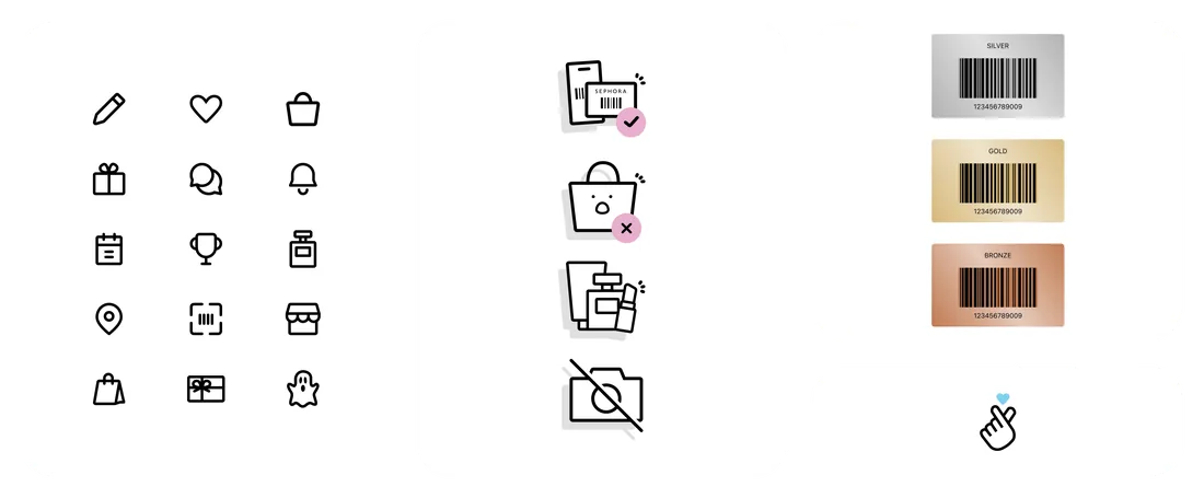 Jeu d’icônes, illustrations, cartes de fidélité My Sephora et une icône K-beauty dessinés pour le design system