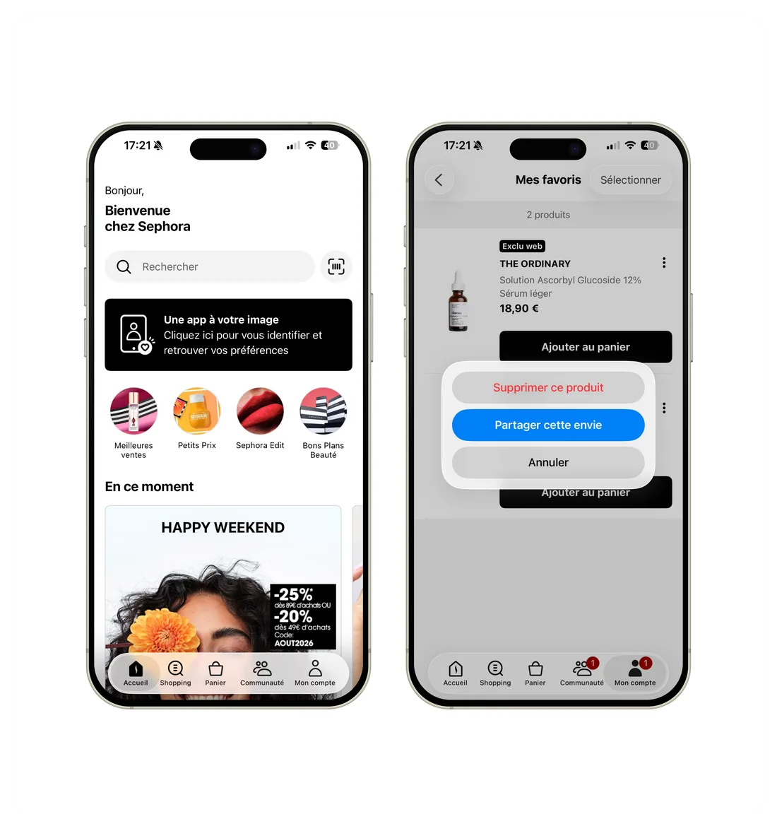 Deux écrans de l’app Sephora sur iPhone avec les composants Liquid Glass d’iOS 26