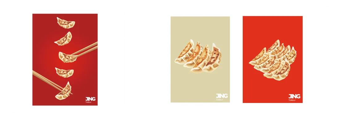 Trois affiches de raviolis : une rouge avec des baguettes, une beige et une autre rouge
