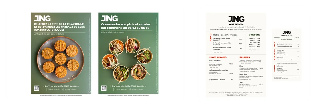 Deux flyers verts, l’un pour les gâteaux de lune et l’autre pour les commandes par téléphone, à côté de deux menus