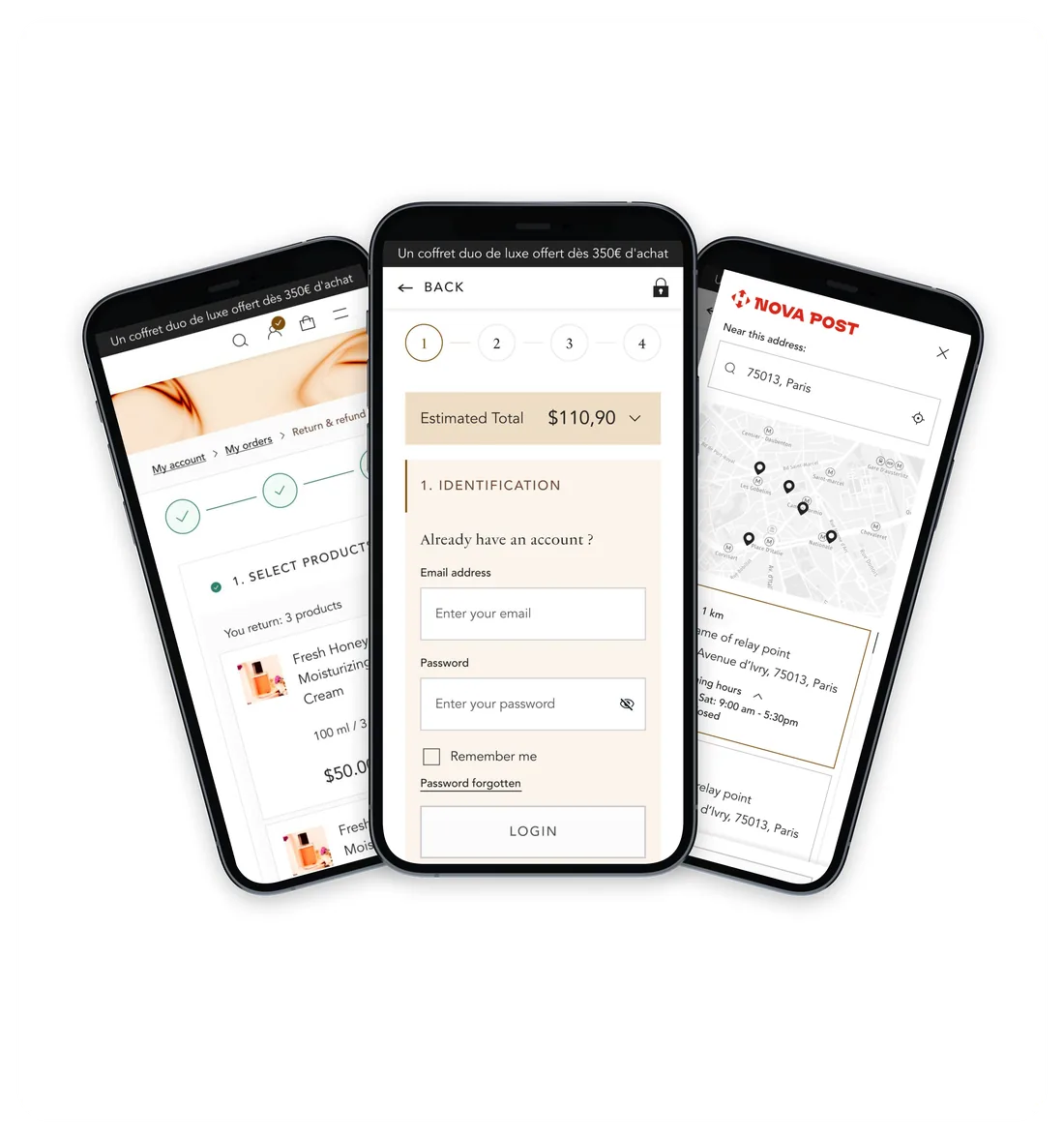 Trois maquettes mobiles : checkout, retour et remboursement, et choix du point relais