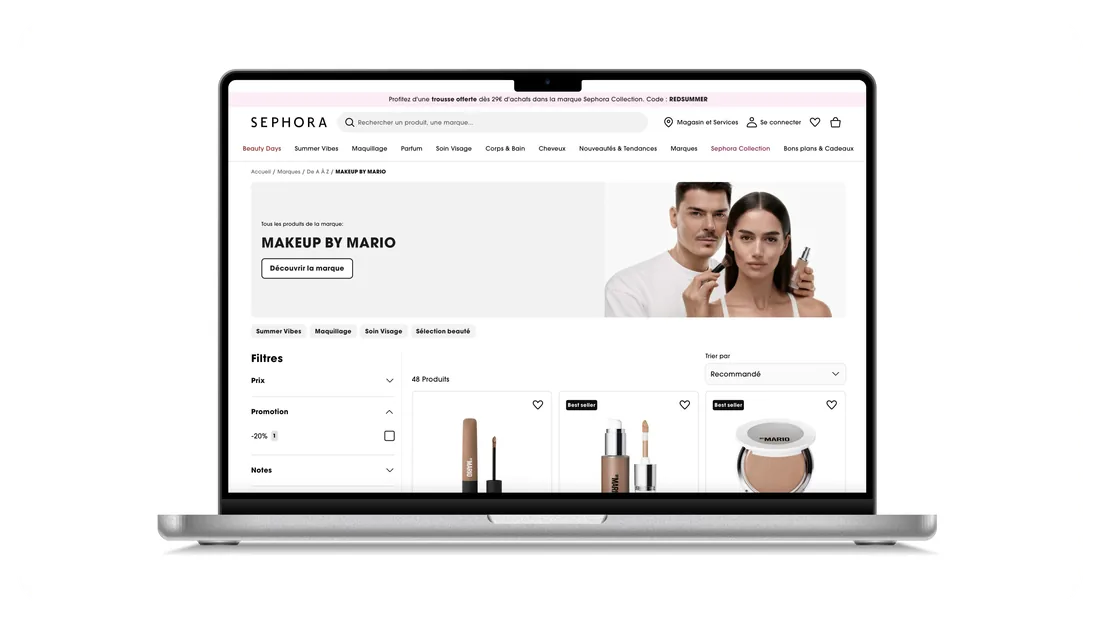 Nouvelle page de liste produits Sephora pour la marque Makeup by Mario, sur un ordinateur portable