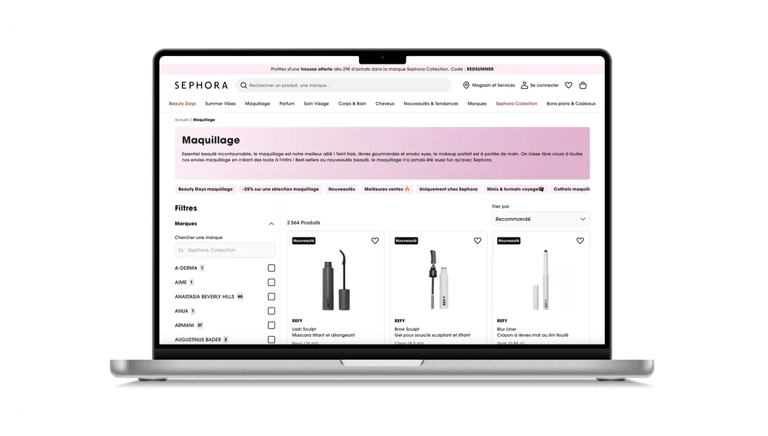 Nouvelle page de liste produits Sephora pour la catégorie maquillage, sur un ordinateur portable
